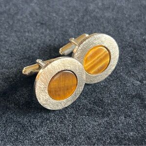 Vintage Tiger's Eye Brushed Finish Yellow Gold Tone Cuff Links